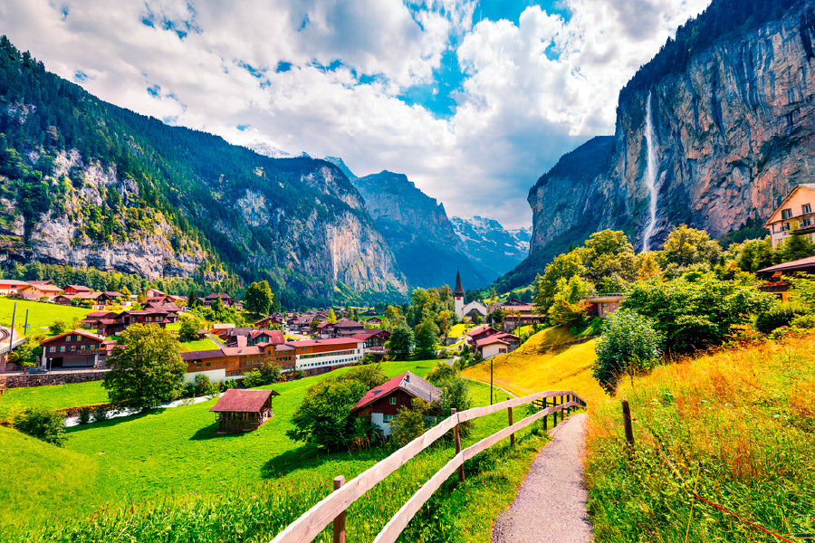 Waterfall In Lauterbrunnen Village Print 100% Australian Made