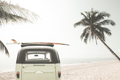 Surf Board on Vintage Van & Palm Tree near Sea Glass Framed Wall Art, Ready to Hang Quality Print