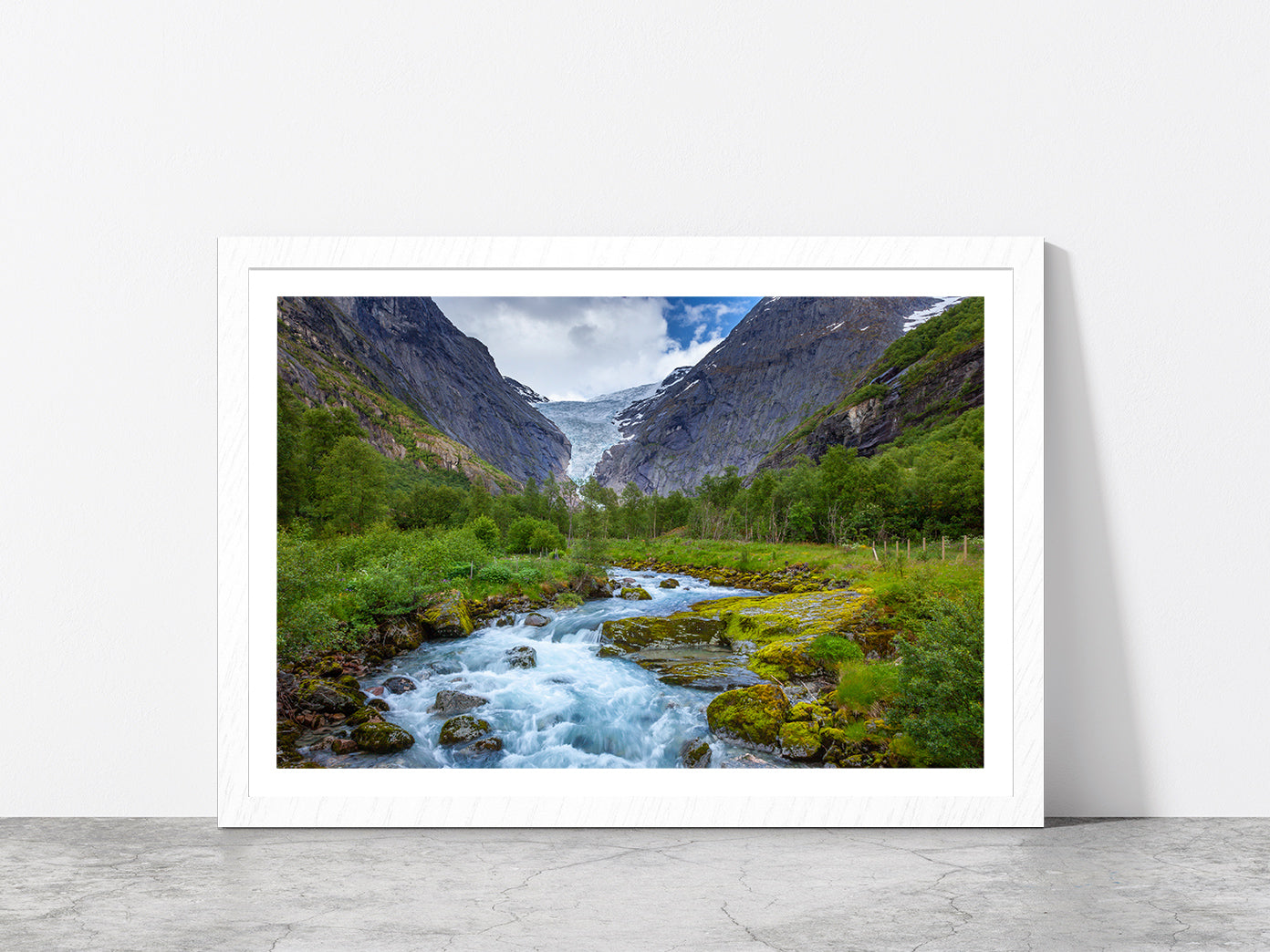 Rocky Mountains With Forest River Glass Framed Wall Art, Ready to Hang Quality Print With White Border White