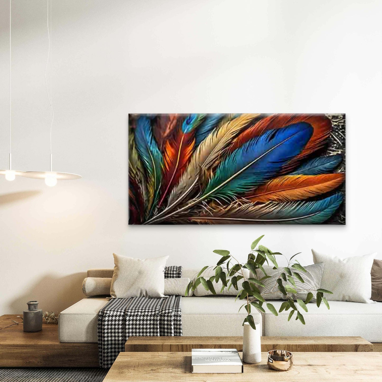 Vibrant Multicolored Feather Wall Art Canvas Office Home Room Framed 120x60cm - Bella Home Decor