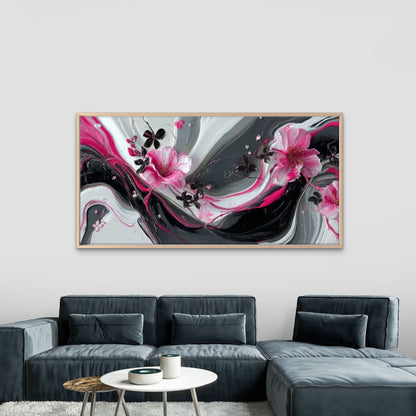 Dark Pink & Floral Design Wall Art Canvas Office Home Room Framed 120x60cm