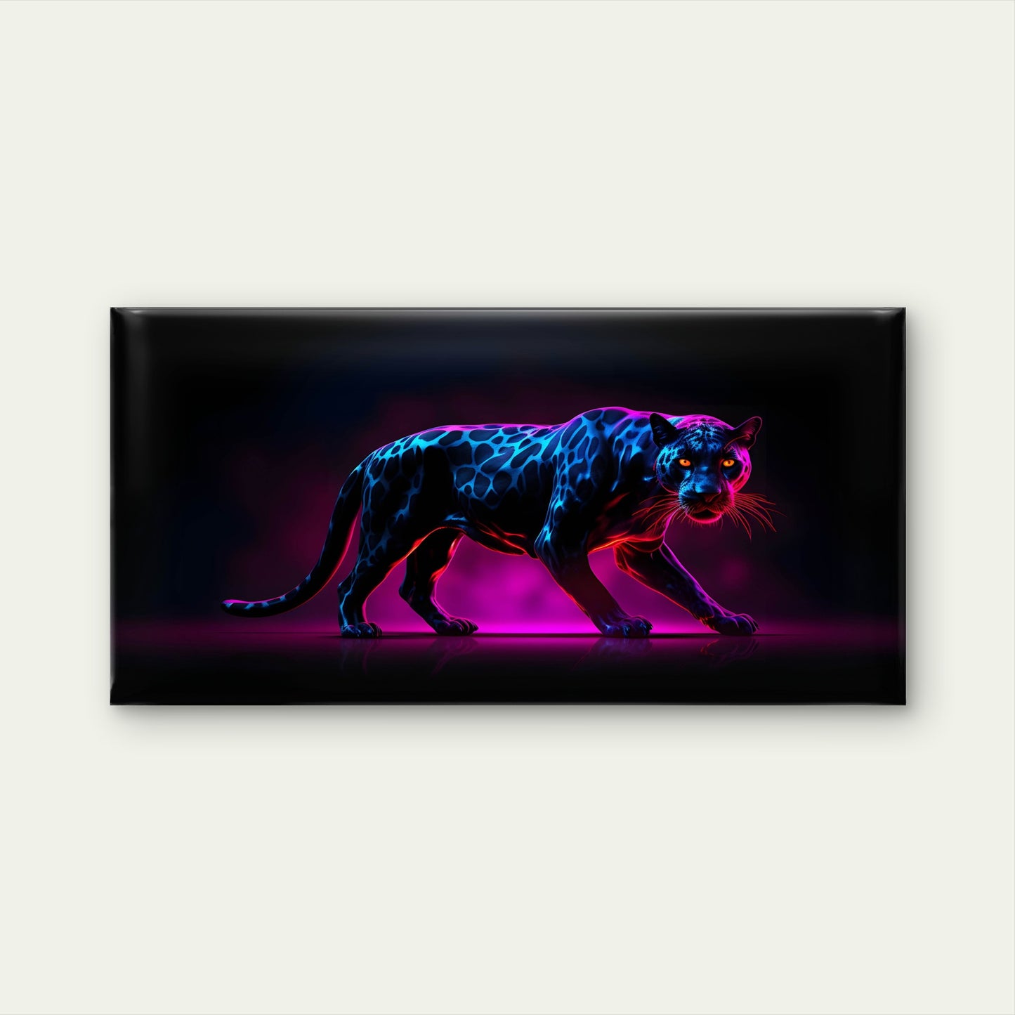 Neon Blue And Pink Glowing Panther Wildlife Predator Cyberpunk Style Wall Art Canvas Office Home Room Framed 120x60cm