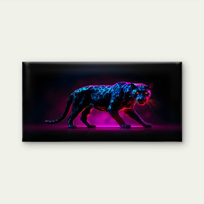 Neon Blue And Pink Glowing Panther Wildlife Predator Cyberpunk Style Wall Art Canvas Office Home Room Framed 120x60cm