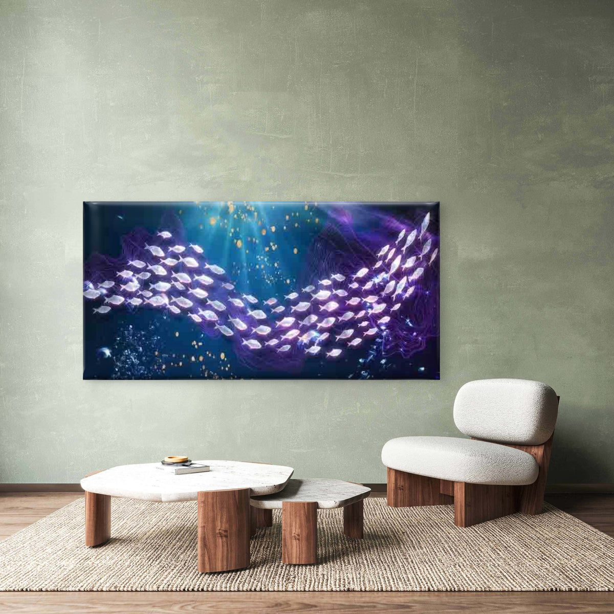 Glowing Neon Fish And Ocean Wav Wall Art Canvas Office Home Room Framed 120x60cm