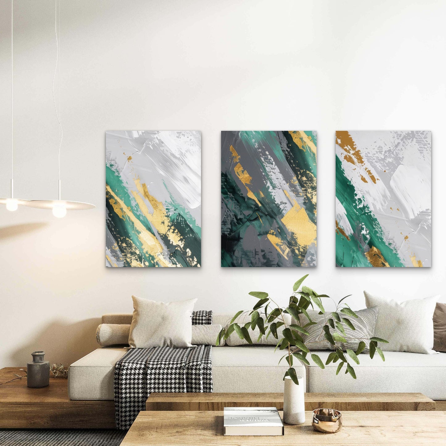 3pcs Modern Emerald Gold Grey Abstract     Wall Art Set Canvas Framed 40x60cm - High Quality Print 100% Australian Made Wall Canvas Ready to Hang