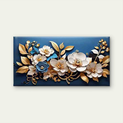 Golden Flowers on Blue Backgrou Wall Art Canvas Office Home Room Framed 120x60cm - Bella Home Decor