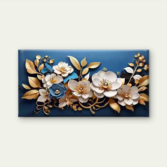 Golden Flowers on Blue Backgrou Wall Art Canvas Office Home Room Framed 120x60cm - Bella Home Decor