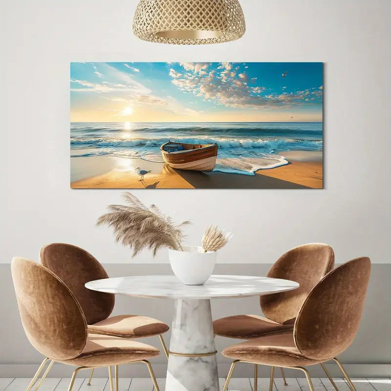 Beach Ocean Sunset Blue Waves Coastal Scene Boat & Seagulls Wall Art canvas office home room framed 120x60cm - Bella Home Decor