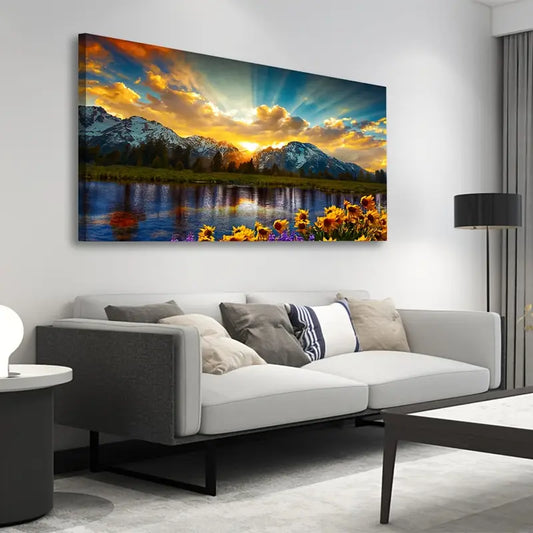 Sunset Mountain Sunflowers Lake Scenery Wall Art canvas office home room framed 120x60cm - Bella Home Decor