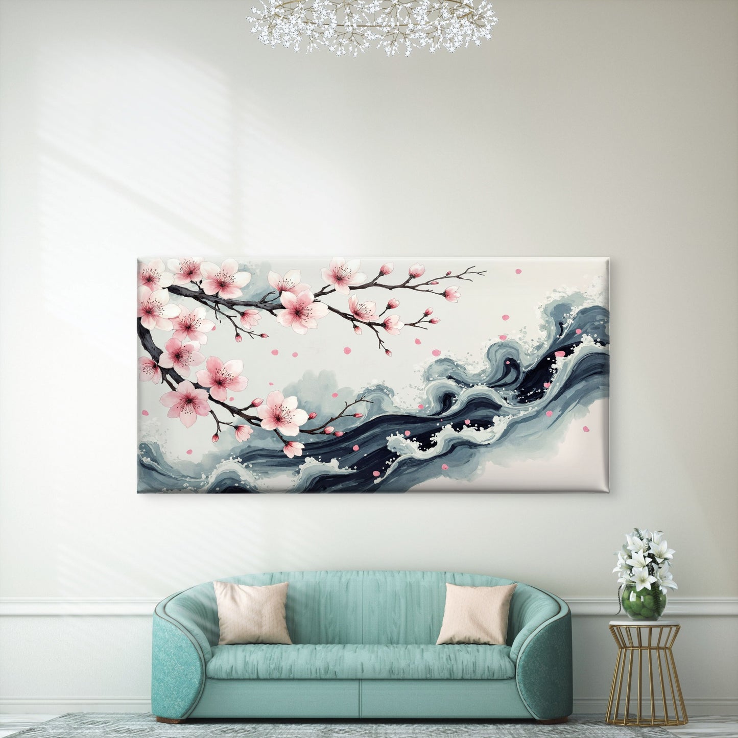 Cherry Blossom Meets The Sea Wall Art Canvas Office Home Room Framed 120x60cm