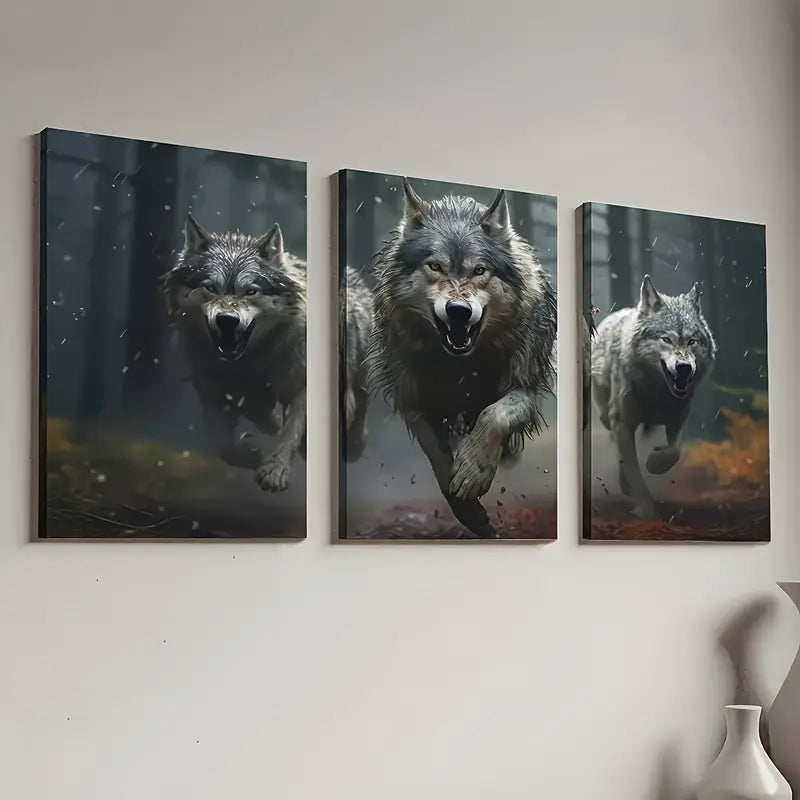 3pcs Wolf Pack Portrait Wall Art Set Canvas Framed 40x60cm - High Quality Print 100% Australian Made Wall Canvas Ready to Hang