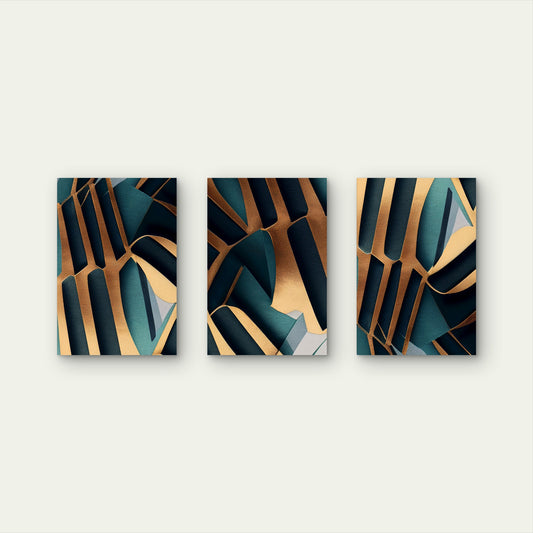 3pcs Modern Abstract Geometric Emerald Gold Wall Art Set Canvas Framed 60x90cm - High Quality Print 100% Australian Made Wall Canvas Ready to Hang