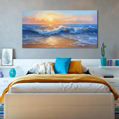 Vibrant Sunset Beach Waves Dynamic Ocean Wall Art canvas office home room framed 120x60cm - Bella Home Decor