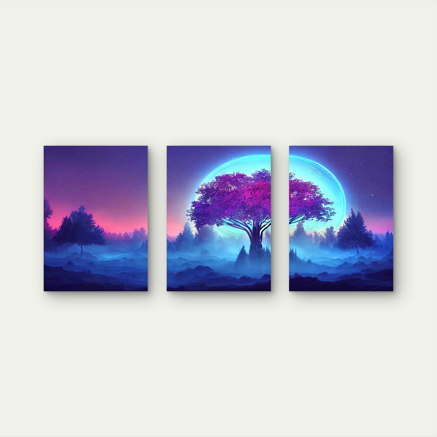 3pcs Majestic Tree Of Life Under Neon Moon Metal Print Ready to Hang Art - Bella Home Decor