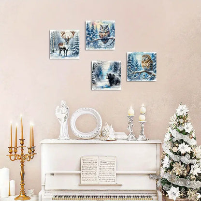 4pcs Deer, Owl, Bear In Snowy Landscape Wall Art Canvas Framed