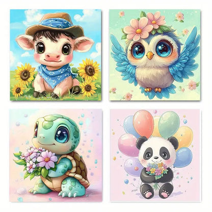 4pcs Cow, Owl, Turtle & Panda, Vibrant    Wall Art Canvas Framed