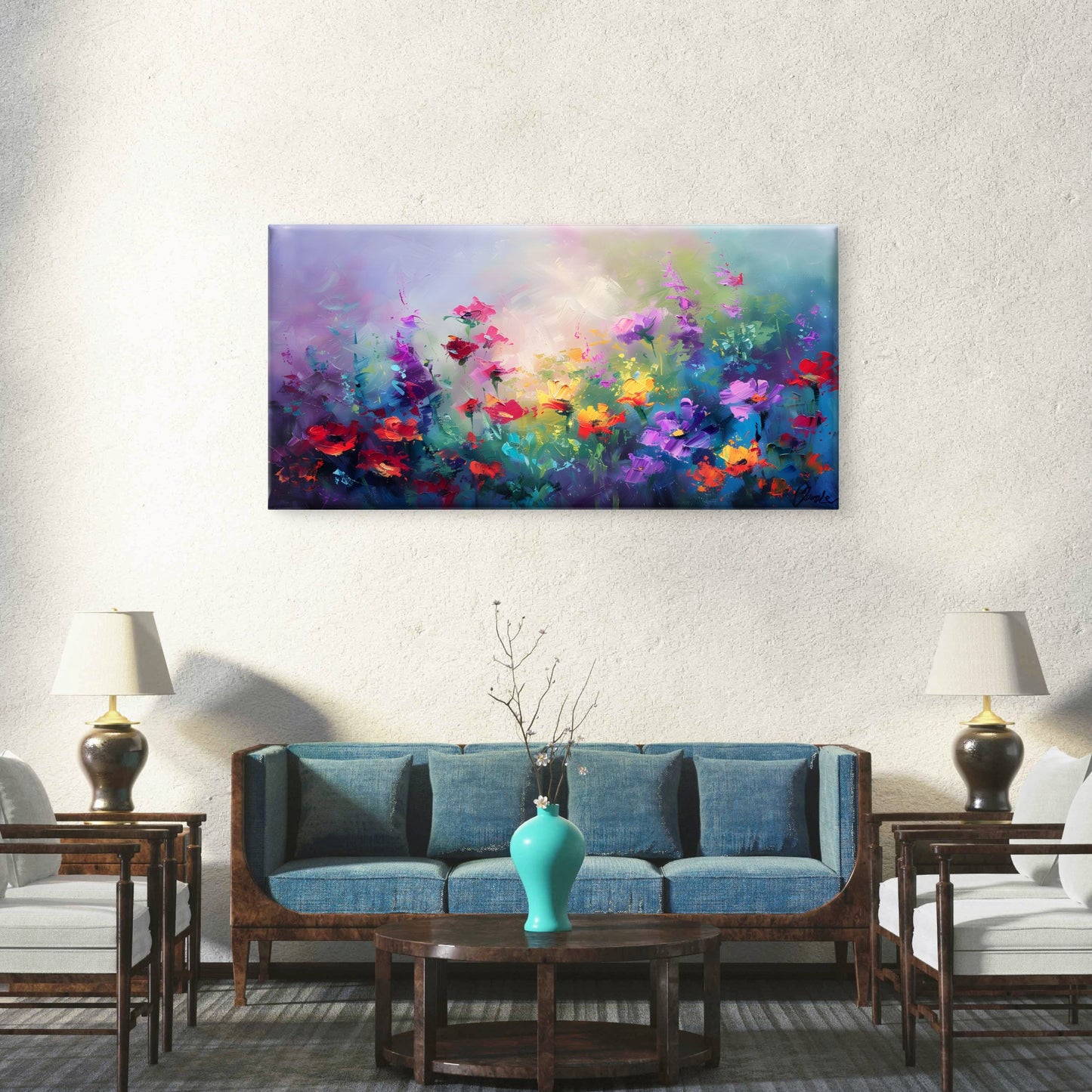 Vibrant Floral Meadow Wall Art Canvas Office Home Room Framed 120x60cm