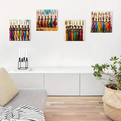 4pcs Traditional Attire & Spear Motifs, Cultural Wall Art Canvas Framed