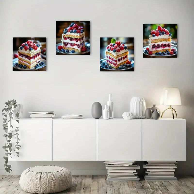 4pcs Blueberry Mulberry Cream Cake Wall Art Canvas Framed