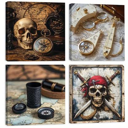 4pcs Skull Art Prints, Compass Canvas Print Wall Art Canvas Framed