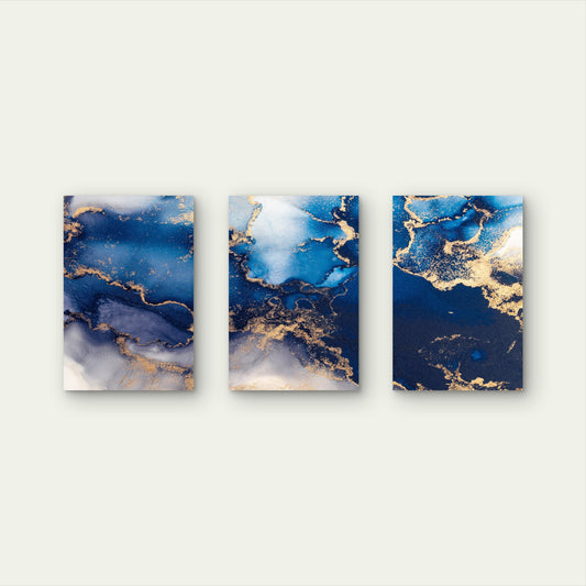 3pcs Modern Navy Indigo Blue Gold Ink Abstract  Wall Art Set Canvas Framed 60x90cm - High Quality Print 100% Australian Made Wall Canvas Ready to Hang