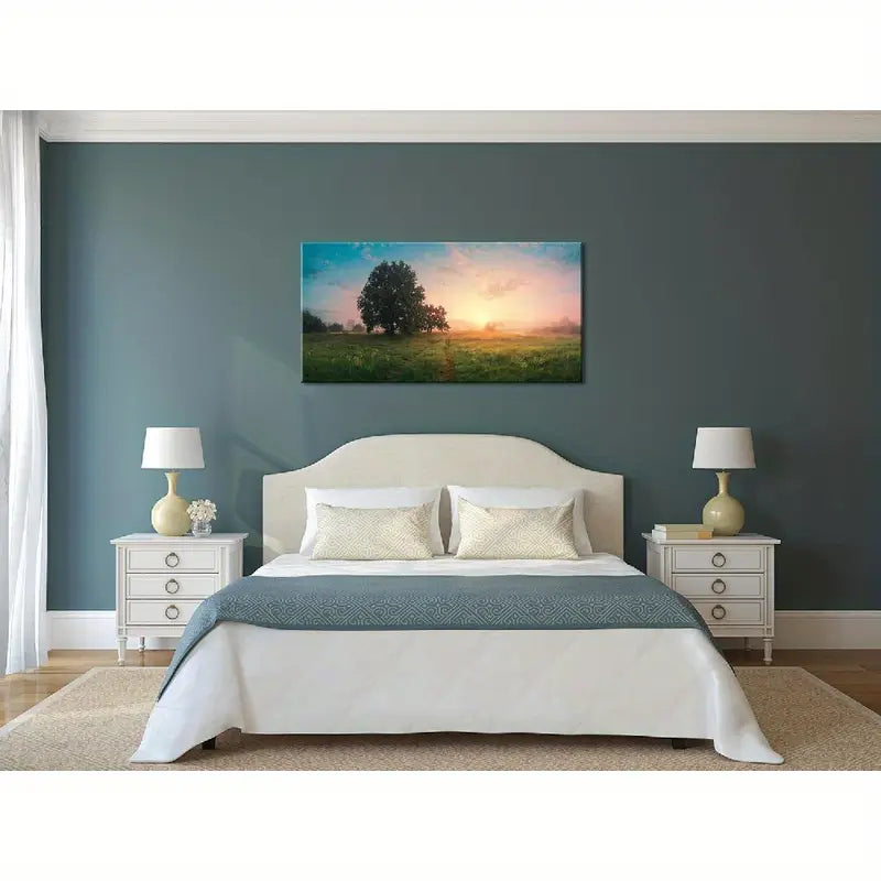 Spring Panoramic Sky Fluffy Clouds Over Green Field Wall Art canvas office home room framed 120x60cm - Bella Home Decor