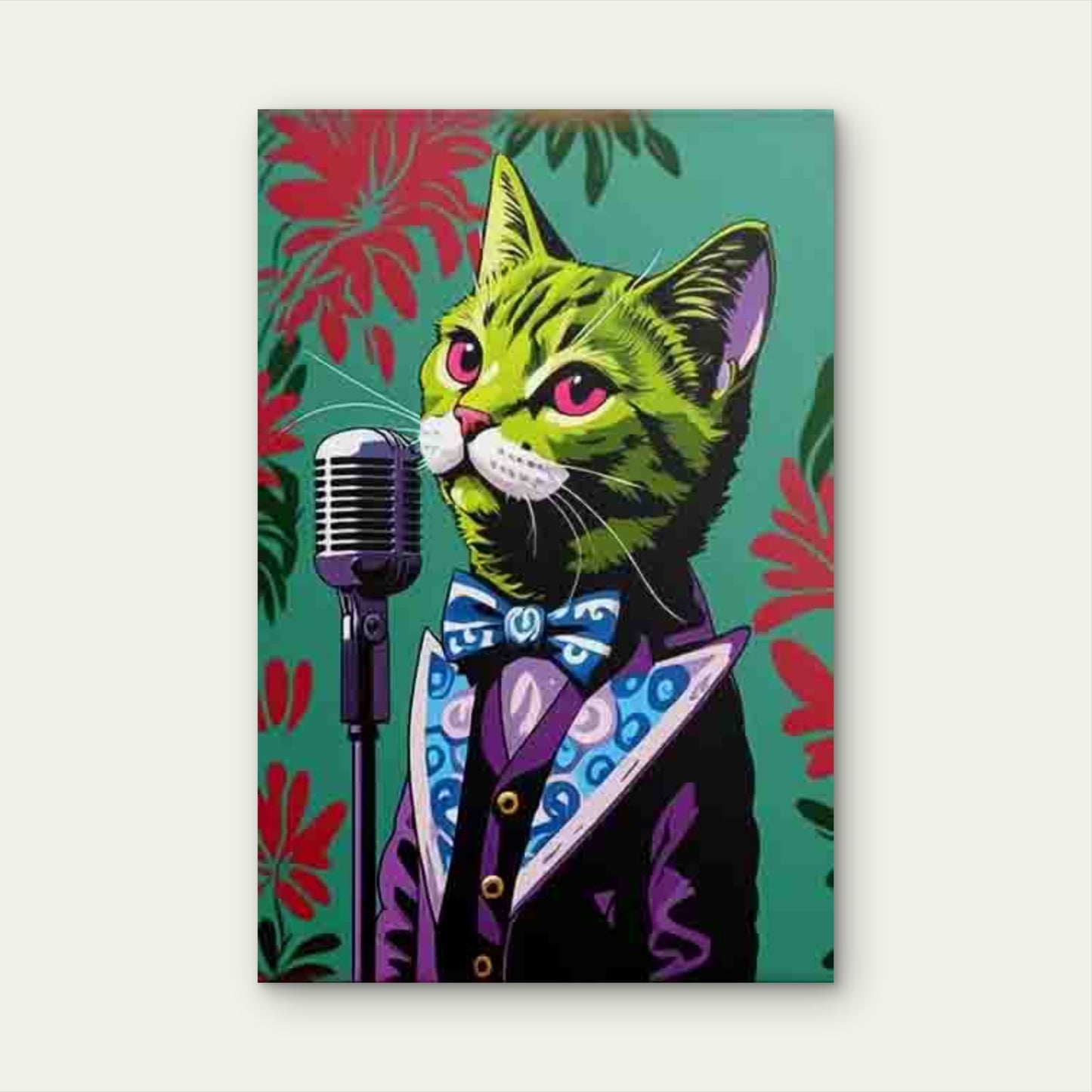 Green Cat Jazz Vocalist 60x90cm Metal Print Ready to Hang