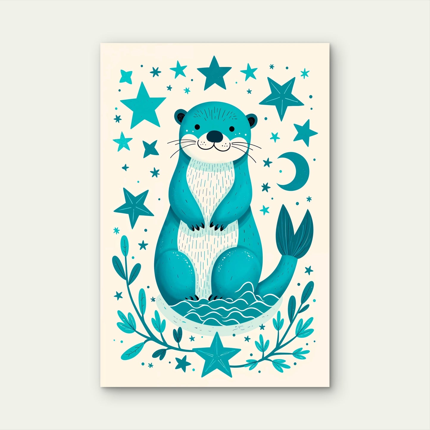 Cute Teal Sea Otter Moon Stars 5mm thick Plastic Poster Ready to Hang 90x60cm