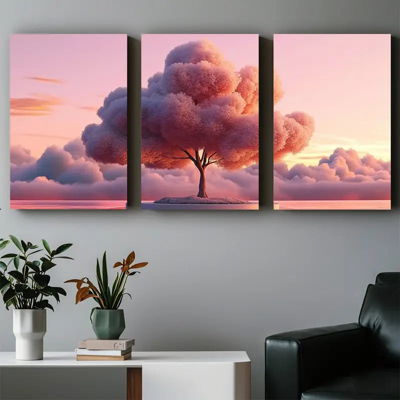 3pcs Pink Cloud Tree Metal Print Ready to Hang Art