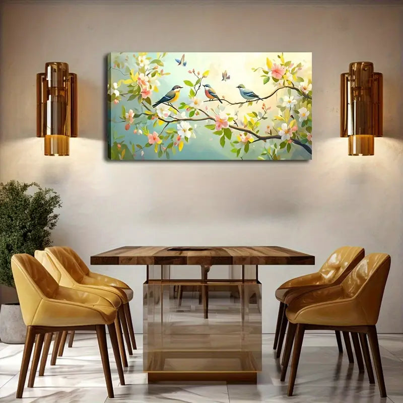 Colorful Birds on a Branch White Wall Art Canvas Office Home Room Framed 120x60cm - Bella Home Decor