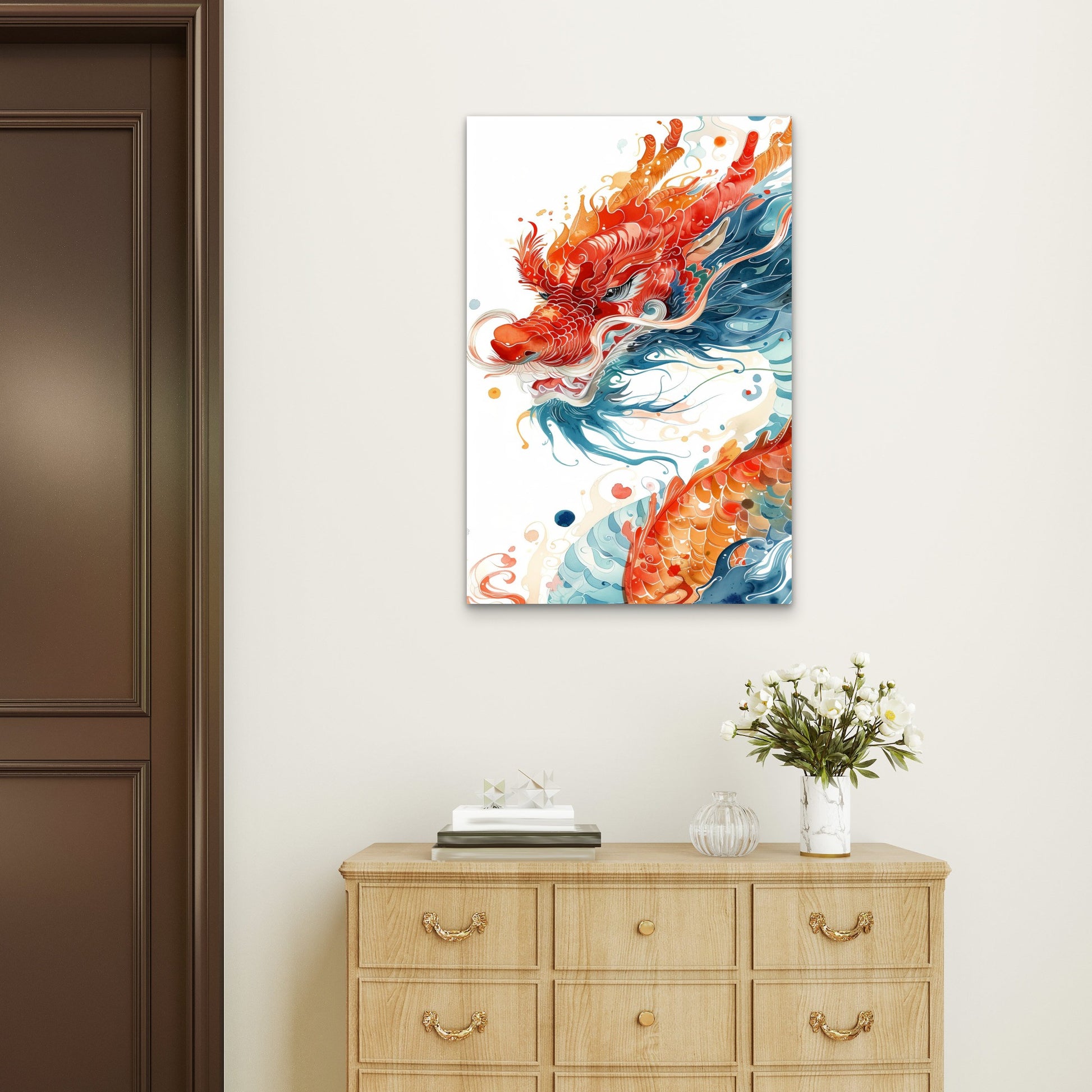 Japanese Chinese Red Dragon Watercolor Art 40x60cm Metal Print Ready to Hang
