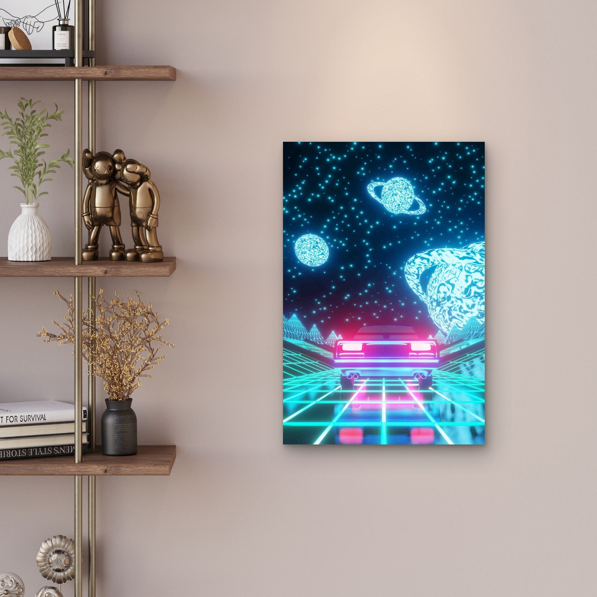 Synthwave Retro Car Driving Through Neon Style 60x90cm Metal Print Ready to Hang - Bella Home Decor