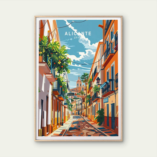 Alicante Spain, Colorful Street Houses Travel Poster Print Wall Art