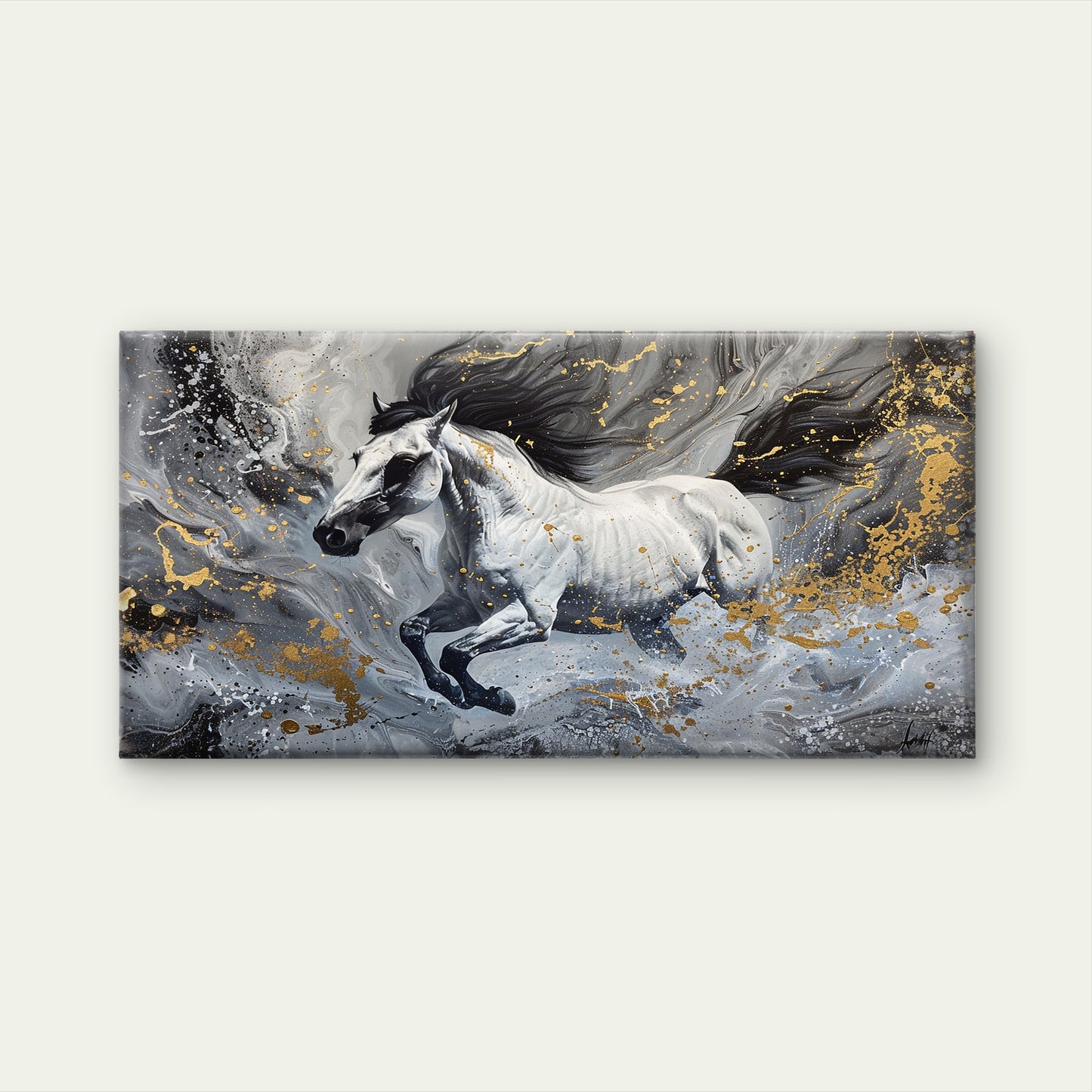 Abstract Running White Horse Wall Art Canvas Office Home Room Framed 120x60cm