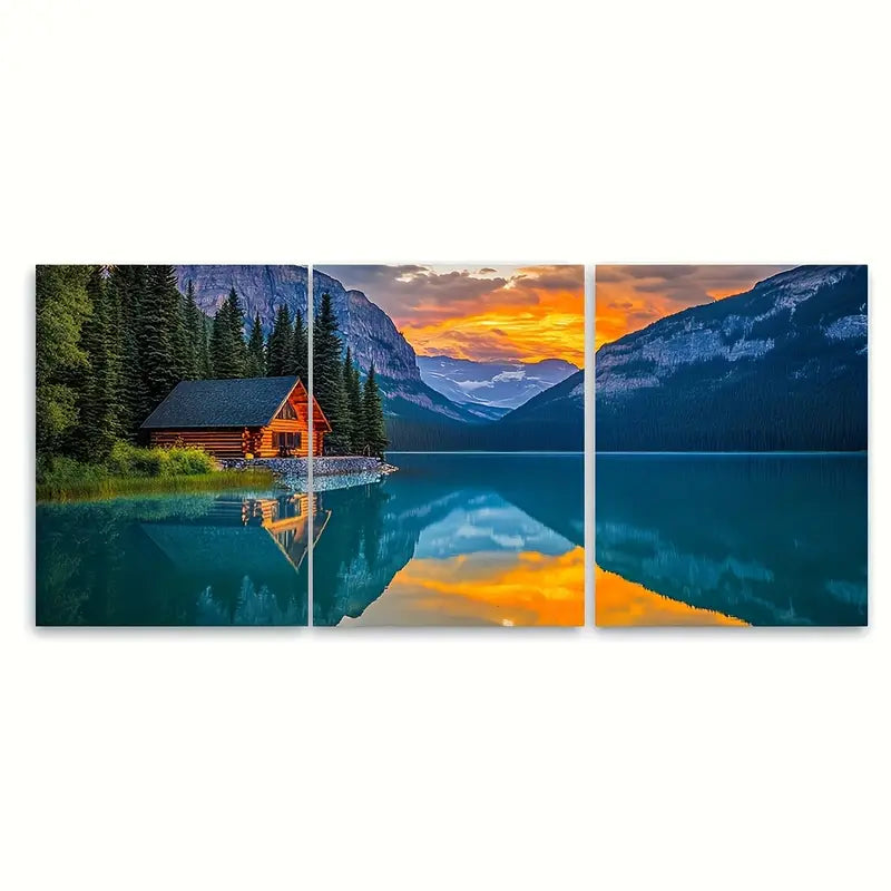 3pcs Mountain Lake Sunset Cabin Wall Art Set Canvas Framed 40x60cm - High Quality Print 100% Australian Made Wall Canvas Ready to Hang