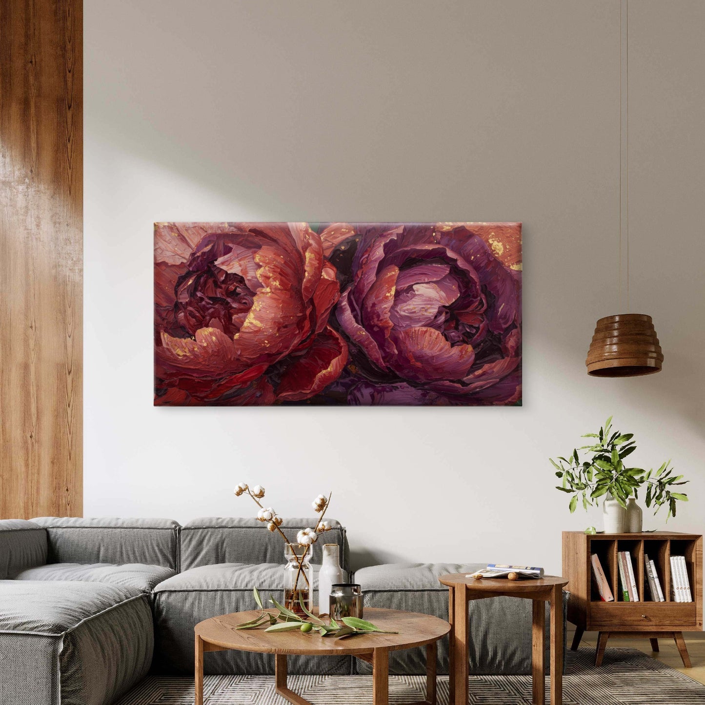 Burgundy Plum Peony Oil Paint Wall Art Canvas Office Home Room Framed 120x60cm