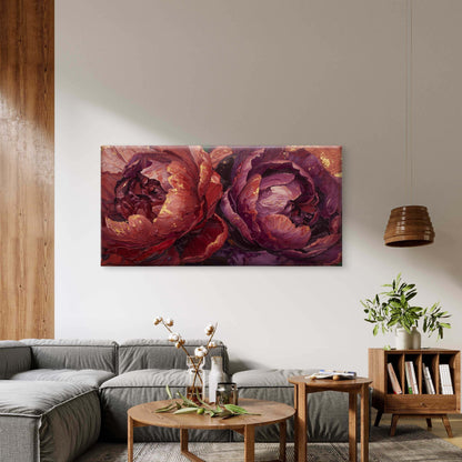 Burgundy Plum Peony Oil Paint Wall Art Canvas Office Home Room Framed 120x60cm