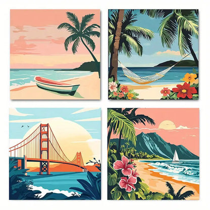 4pcs Vibrant Tropical Beach Palm Trees, Hammock  Wall Art Canvas Framed