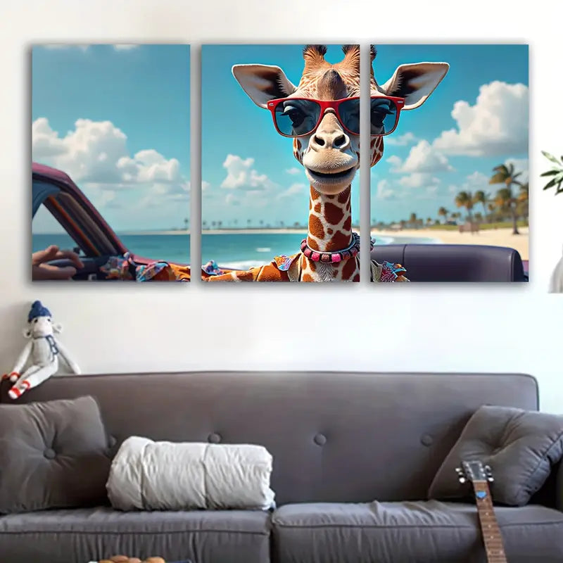 3pcs Giraffe With Palm Tree Scene Wall Art Set Canvas Framed 50x70cm - High Quality Print 100% Australian Made Wall Canvas Ready to Hang - Bella Home Decor