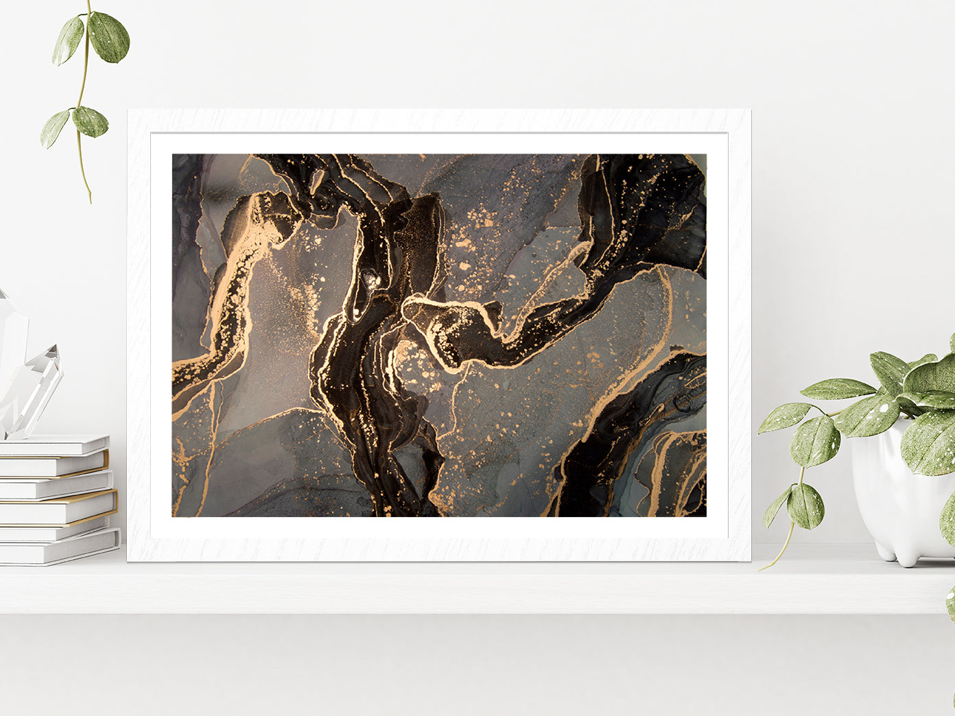 Gold & Black Abstract Marble Paint Glass Framed Wall Art, Ready to Hang Quality Print With White Border White