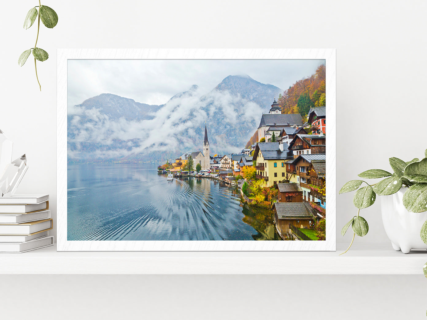 Hallstatt Town In A Foggy Day Glass Framed Wall Art, Ready to Hang Quality Print Without White Border White
