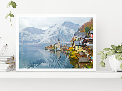 Hallstatt Town In A Foggy Day Glass Framed Wall Art, Ready to Hang Quality Print Without White Border White