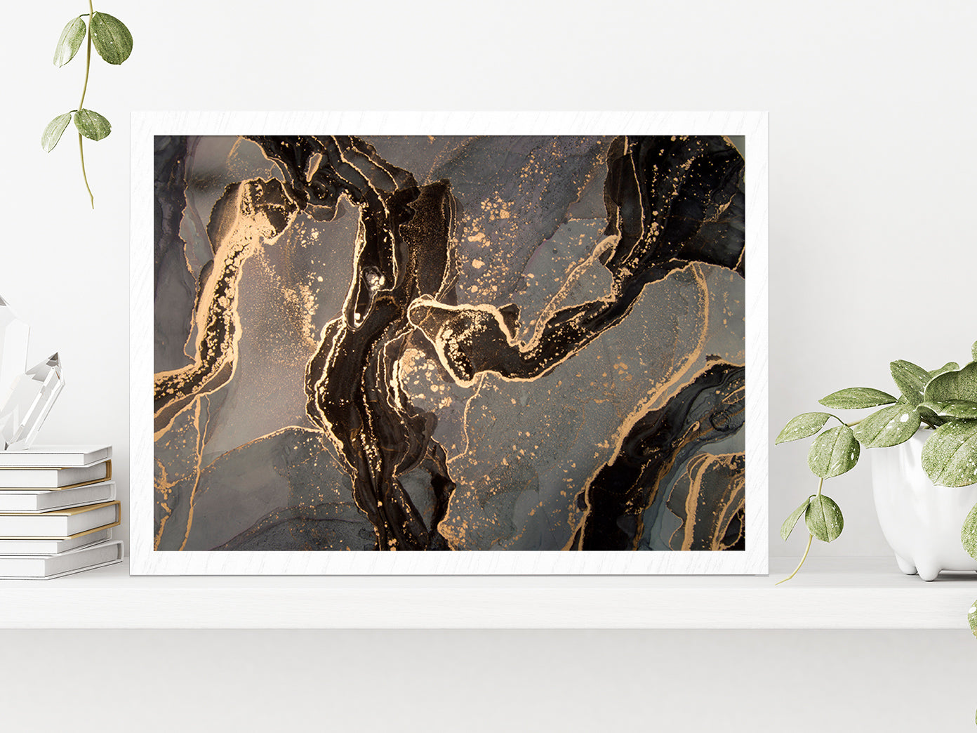 Gold & Black Abstract Marble Paint Glass Framed Wall Art, Ready to Hang Quality Print Without White Border White
