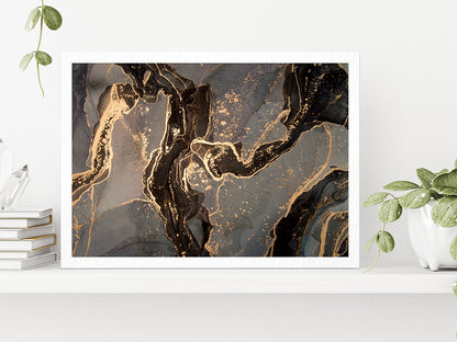 Gold & Black Abstract Marble Paint Glass Framed Wall Art, Ready to Hang Quality Print Without White Border White