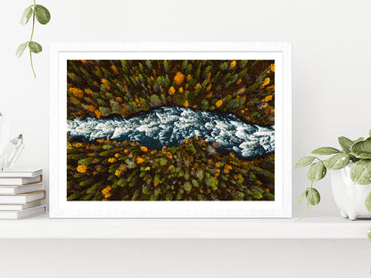 River Through Fall Forest Autumn Glass Framed Wall Art, Ready to Hang Quality Print With White Border White