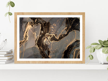 Gold & Black Abstract Marble Paint Glass Framed Wall Art, Ready to Hang Quality Print With White Border Oak