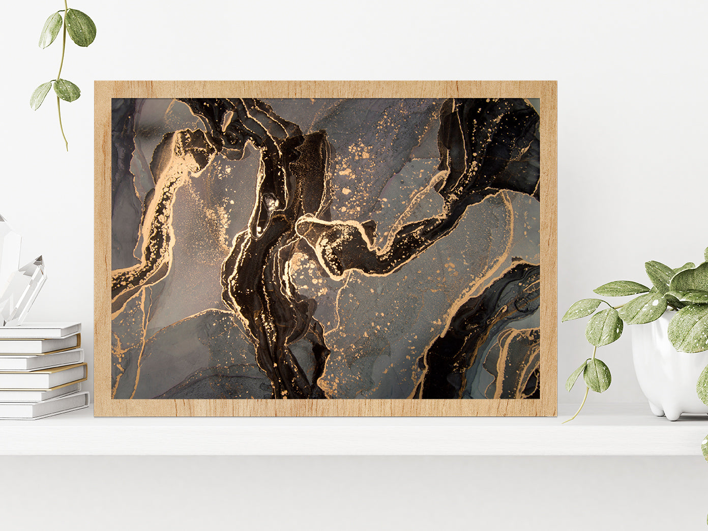 Gold & Black Abstract Marble Paint Glass Framed Wall Art, Ready to Hang Quality Print Without White Border Oak