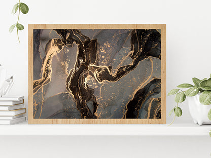 Gold & Black Abstract Marble Paint Glass Framed Wall Art, Ready to Hang Quality Print Without White Border Oak