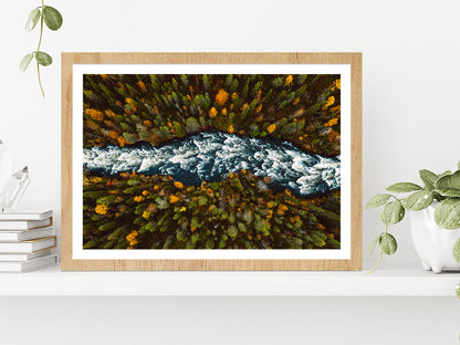 River Through Fall Forest Autumn Glass Framed Wall Art, Ready to Hang Quality Print With White Border Oak