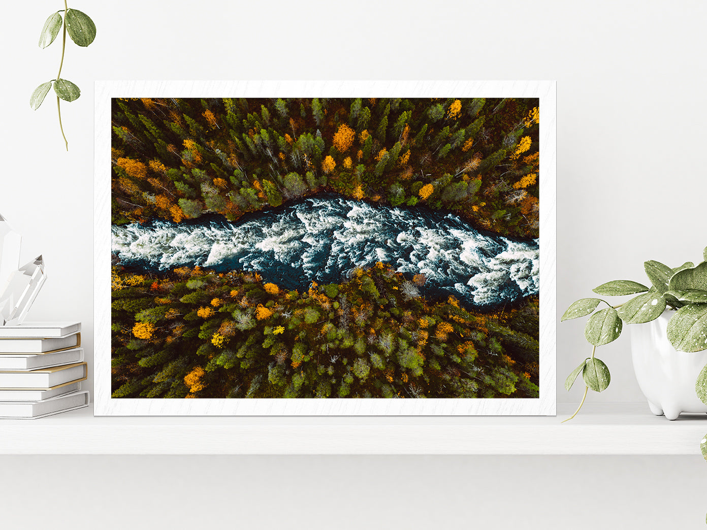 River Through Fall Forest Autumn Glass Framed Wall Art, Ready to Hang Quality Print Without White Border White